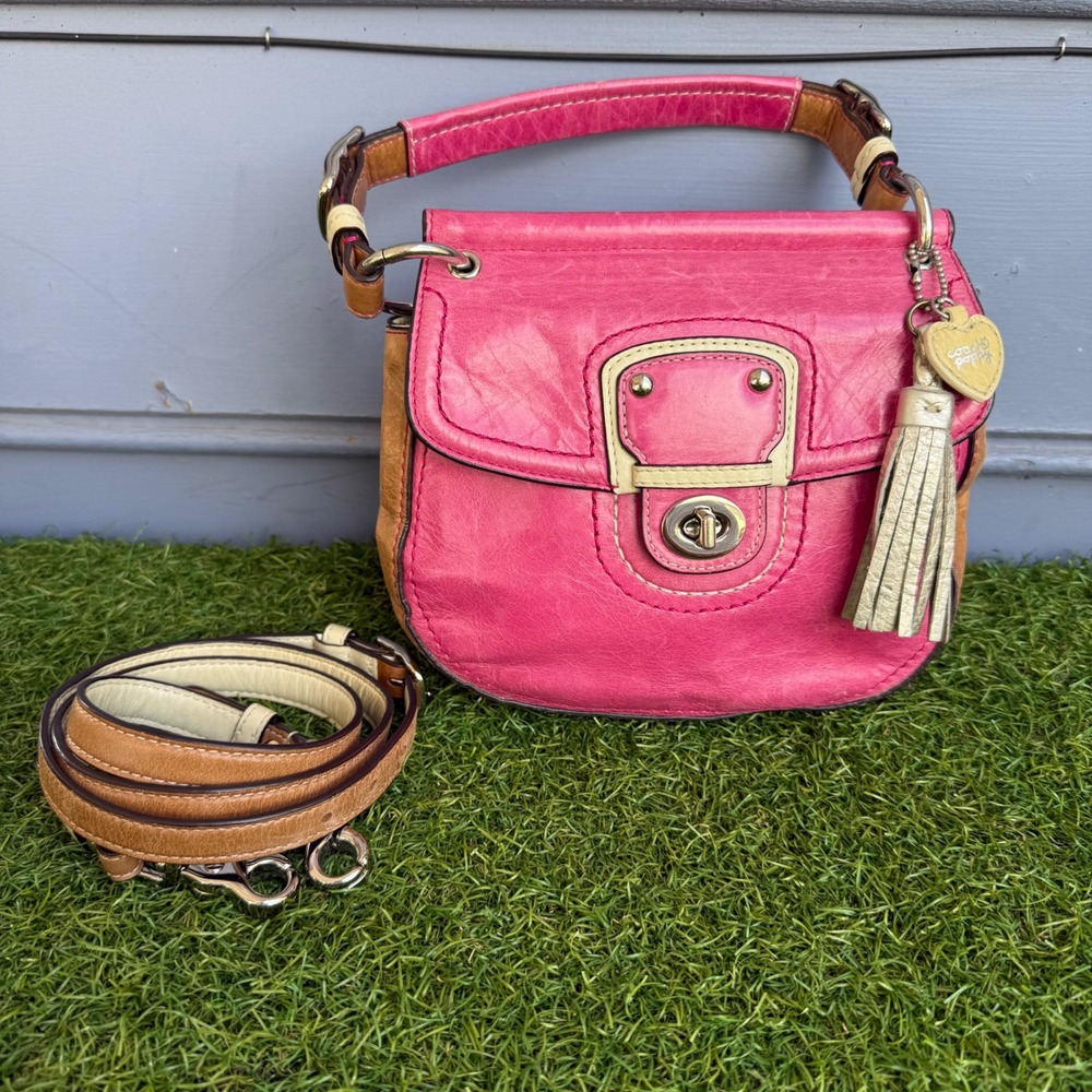 Coach Poppy Pink Leather Tassel Crossbody Bag Heart Charm E1269-19036